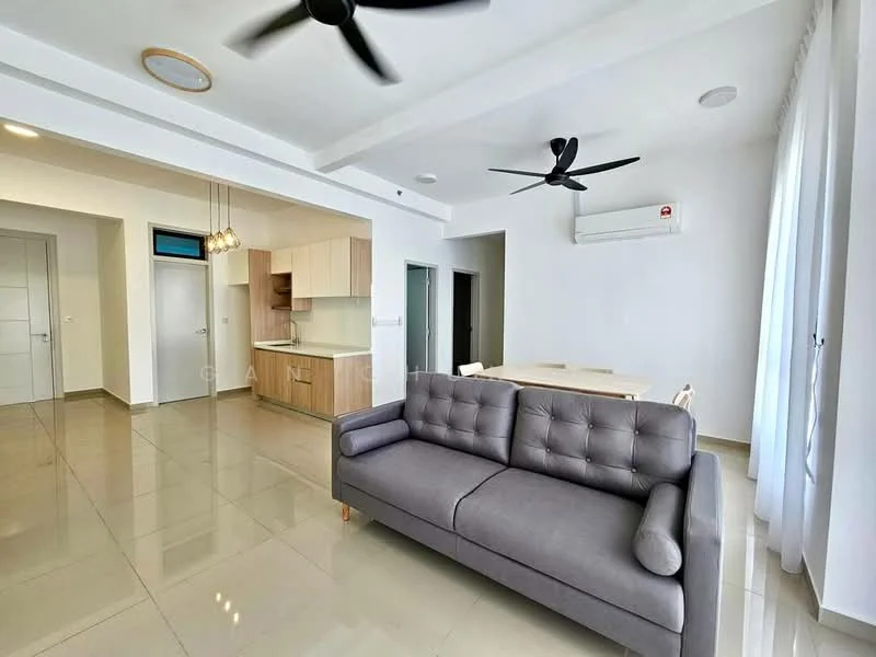 Living features: 3-seater fabric sofa in grey, ceiling fan, recessed downlights, wall-mounted air conditioning unit, glossy tile flooring, white painted walls, dining table, pendant lighting, large windows with sheer curtains; style: modern. Kitchen features: kitchen cabinetry, countertop, built-in oven, stainless-steel sink, chrome pull-down faucet, refrigerator, open layout, tile backsplash; style: modern.