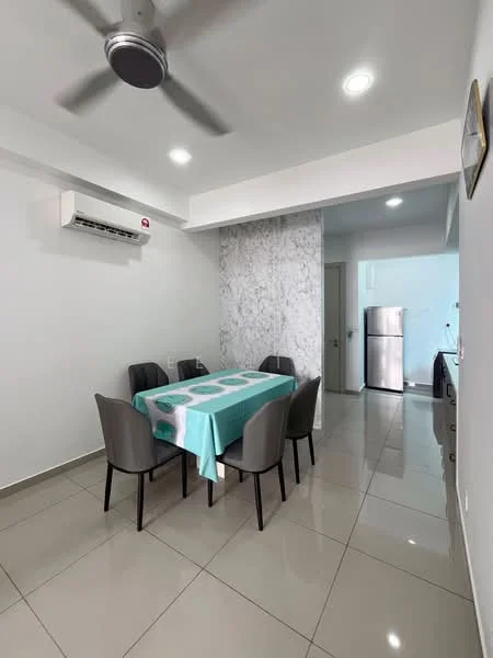 Dining features: dining table with teal tablecloth, 6 upholstered dining chairs in grey, wall-mounted split AC, recessed LED downlights, cream painted walls, grey marble accent wall, ceramic tile flooring, stainless-steel fridge, open kitchen view; style: modern.
