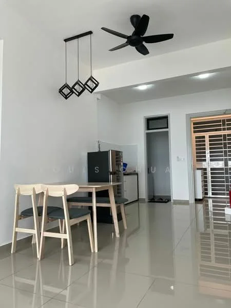 Dining features: dining table, two wooden dining chairs, black ceiling fan with light, pendant lighting with geometric design, white painted walls, glossy ceramic tile flooring, built-in cabinetry, open layout to kitchen, recessed lighting; style: modern.