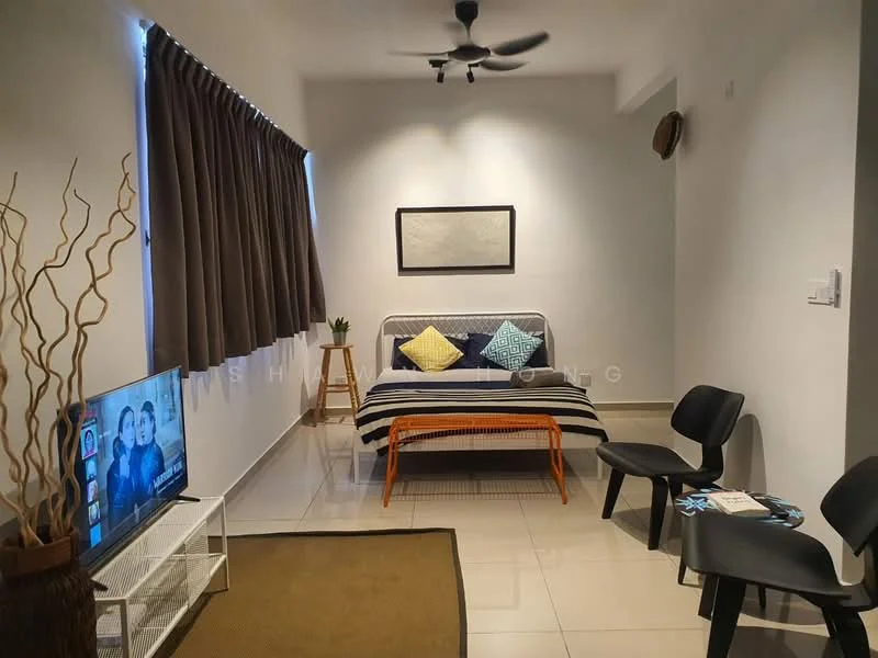 Bedroom features: queen-size bed with striped bedding, upholstered headboard, 2 decorative cushions, wooden bed frame, floor-to-ceiling window with sheer curtains, dark brown curtains, wall-mounted TV, white TV console, 2 black dining chairs, area rug, ceiling fan, decorative wall art; style: modern.