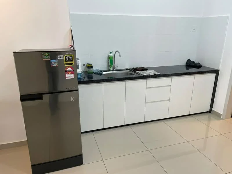 Kitchen features: stainless-steel fridge, single-bowl stainless-steel sink, chrome pull-down faucet, black granite countertop, white flat-panel cabinets, tile backsplash, ceramic tile flooring, wall-mounted dish rack, kitchen utensils on countertop; style: modern.