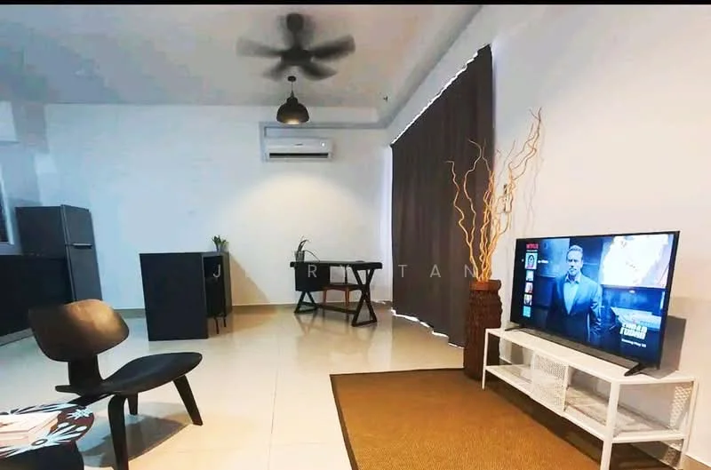 Living features: 5-blade ceiling fan, wall-mounted TV, TV console in white, black accent chair, dining table, refrigerator, dark cabinetry, cream tiled flooring, large window with curtain, decorative branches in vase, area rug; style: modern.