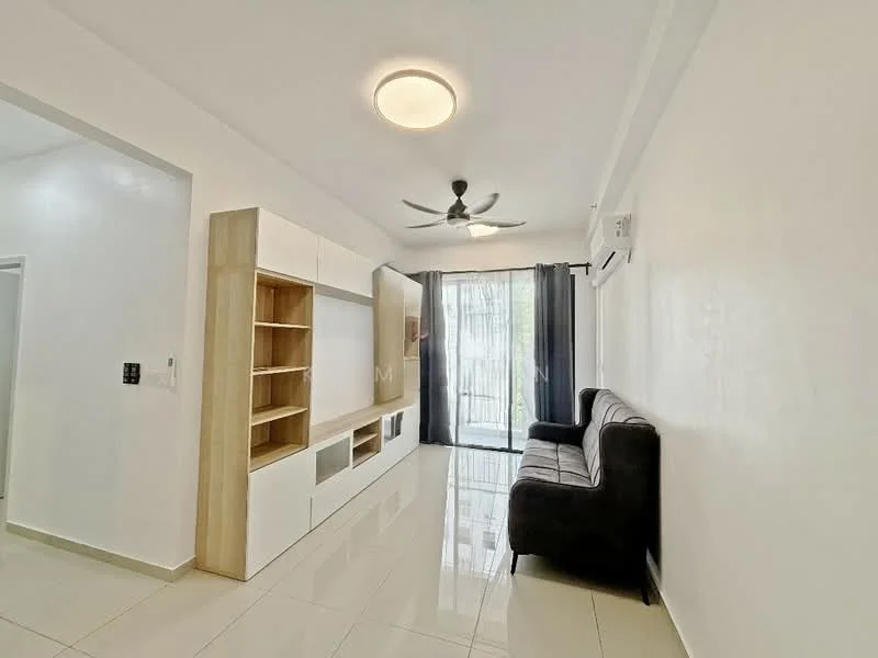 Living features: white painted walls, glossy tile flooring, 5-blade ceiling fan with light, sofa in dark fabric, built-in shelving unit, floor-to-ceiling windows, sheer curtains, wall-mounted air conditioning unit; style: modern.