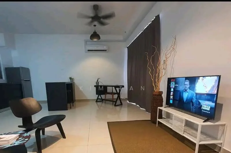 Living features: 5-blade ceiling fan, wall-mounted TV, TV console, black chair, area rug, cream tiled flooring, large window with curtains, decorative plant in vase, dining table, refrigerator visible in background, air conditioning unit; style: modern.