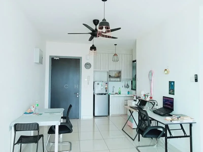 Living features: white painted walls, glossy tile flooring, 5-blade ceiling fan with light, two pendant lights, wall-mounted air conditioning unit, kitchen area with cabinets, stainless-steel fridge, black desk with chair, white table with chairs, laptop on desk, decorative wall art, open shelving, kitchen sink, countertop with kitchen appliances; style: modern.