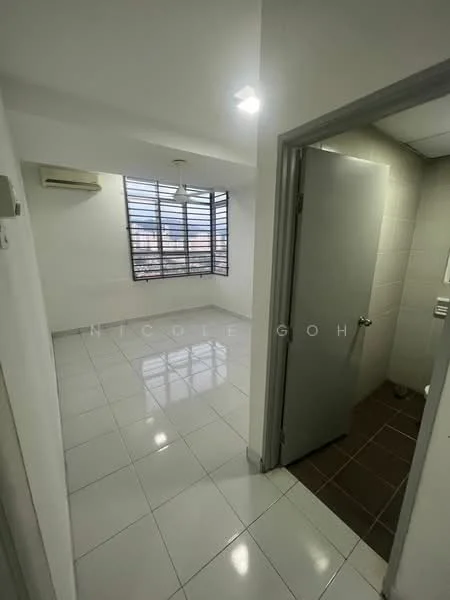 Room features: white painted walls, glossy white tile flooring, ceiling light fixtures, 1 wall-mounted split AC, floor-to-ceiling windows, grey door, window treatments not visible; view: city.