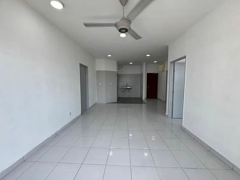 Room features: white painted walls, glossy white tile flooring, ceiling fan, recessed downlights, open layout, kitchen area visible in background, multiple doorways, large windows, neutral color scheme; style: modern.