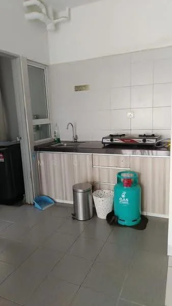 Kitchen features: single-bowl stainless-steel sink, chrome pull-down faucet, gas stove with two burners, grey countertop, white tiled backsplash, light wood cabinetry, metal trash bin, white woven basket, blue dustpan, green gas cylinder, grey ceramic tile flooring; style: modern.