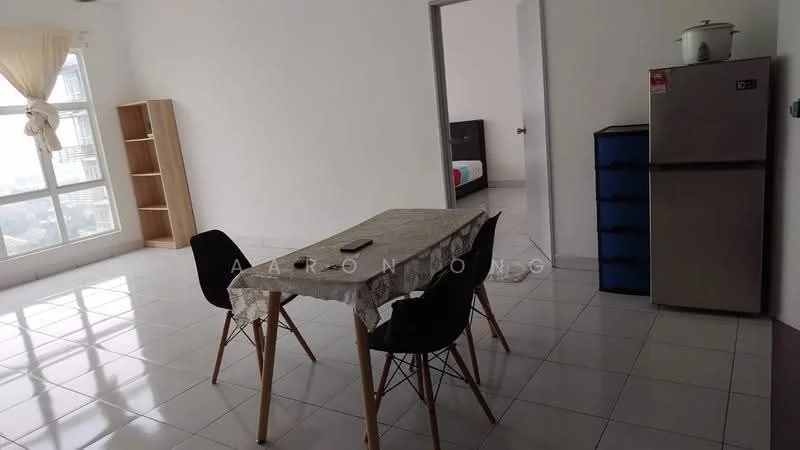 Room features: white painted walls, glossy tile flooring, large windows with sheer curtains, dining table with tablecloth, 4 black dining chairs, refrigerator, blue storage cabinet, phone on table; style: modern; view: city.