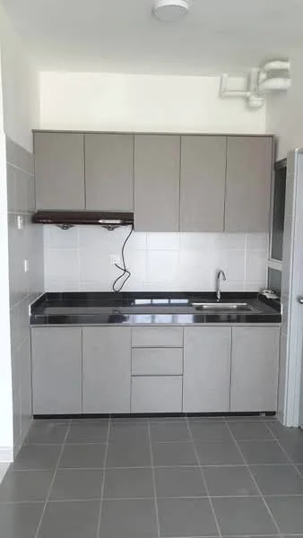 Kitchen features: grey cabinetry, black countertop, single-bowl stainless-steel sink, chrome pull-down faucet, built-in range hood, wall-mounted storage shelf, ceramic tile backsplash, grey ceramic tile flooring; style: modern.