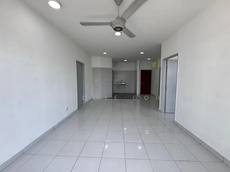 Room features: white painted walls, glossy white tile flooring, ceiling fan, recessed downlights, open layout, kitchen area visible in the background, two doors leading to other rooms, large windows for natural light; style: modern.