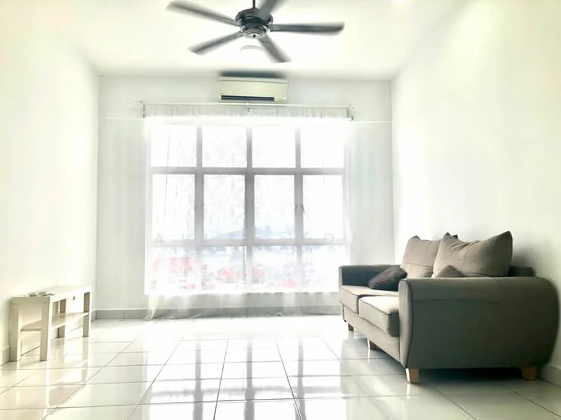 Living features: white painted walls, glossy white tile flooring, 5-blade ceiling fan with light, floor-to-ceiling windows, sheer curtains, sofa in beige fabric, decorative cushions, air conditioning unit; style: modern; view: city.