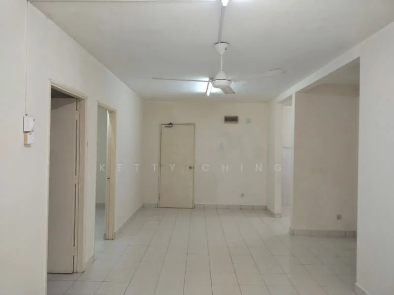 Room features: white painted walls, tile flooring, ceiling fan, light fixture, door to another room, doorway leading to another area, neutral color scheme, no visible furniture; style: minimalist.
