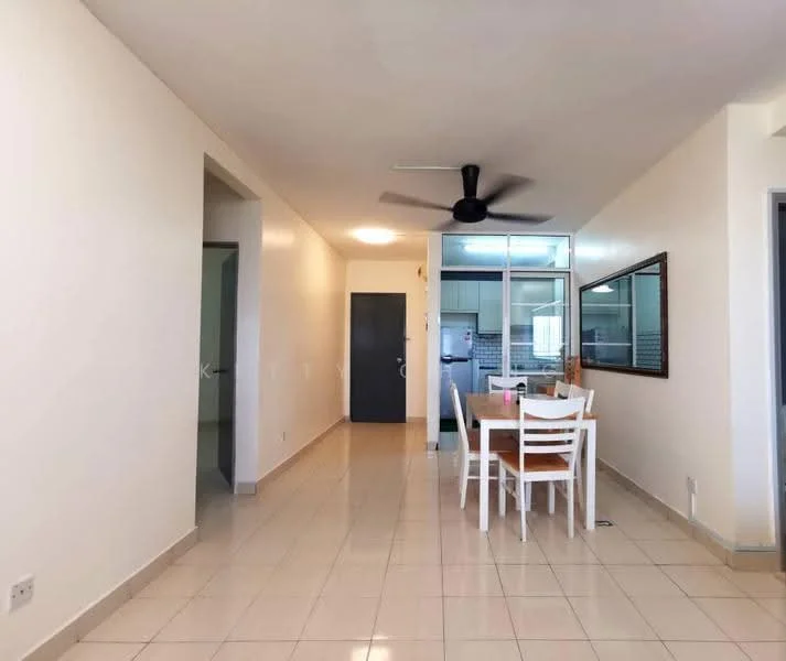 Dining features: dining table with white chairs, ceiling fan, tile flooring, white painted walls, large mirror on wall, open layout to kitchen, doorway to hallway, natural light from windows; style: modern. Room features: white painted walls, tile flooring, doorway leading to kitchen, doorway leading to hallway.