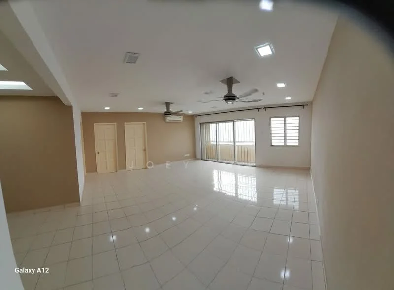 Living features: white painted walls, glossy ceramic tile flooring, tray ceiling with recessed downlights, 2 ceiling fans, floor-to-ceiling windows, sliding glass door, curtains, air conditioning unit, neutral color scheme, spacious layout; style: modern.