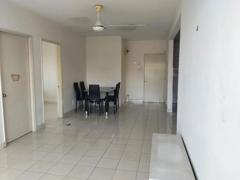 Living features: white painted walls, glossy tile flooring, ceiling fan, dining table with black chairs, doorway leading to other rooms, neutral color scheme, large windows, open layout; style: modern.