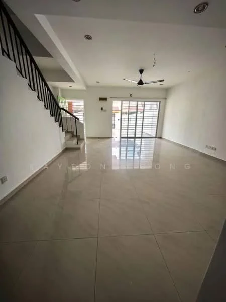 Living features: white painted walls, polished ceramic tile flooring, 5-blade ceiling fan with light, floor-to-ceiling sliding glass door, window treatments with horizontal blinds, staircase with black metal railing, recessed downlights, open layout; style: modern; view: garden.