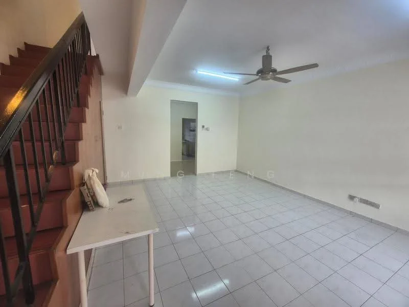 Living features: white painted walls, glossy ceramic tile flooring, 5-blade ceiling fan with light, large window for natural light, staircase leading to upper floor, neutral color scheme, open layout, no visible furniture; style: modern.