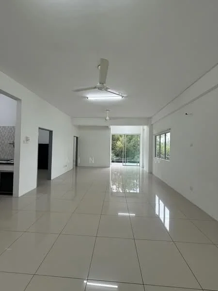 Living features: white painted walls, glossy ceramic tile flooring, 5-blade ceiling fan with light, floor-to-ceiling windows, sliding glass door, natural light from windows, open layout, view of outdoor area; style: modern; view: garden. Kitchen features: white cabinetry, black countertop, stainless-steel appliances, open to living area; style: modern.
