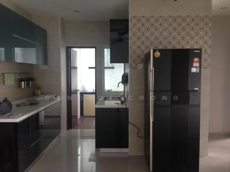 Kitchen features: black glossy cabinetry, white quartz countertop, stainless-steel fridge, built-in oven, ceramic tile backsplash with geometric pattern, single-bowl stainless-steel sink, chrome pull-down faucet, ceramic tile flooring, recessed downlights, wall-mounted cabinets, open shelving, window with sheer curtains; style: modern.