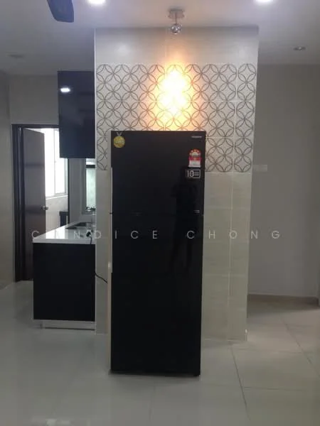 Kitchen features: black fridge, white tiled walls, decorative wall with geometric pattern, light fixture on wall, grey cabinetry, white countertop, ceramic tile flooring, open layout; style: modern.