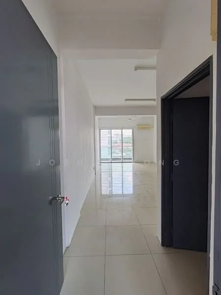Room features: white painted walls, glossy tile flooring, ceiling lights, sliding glass door, window with blinds, air conditioning unit, door with handle, door frame, open layout; style: modern.