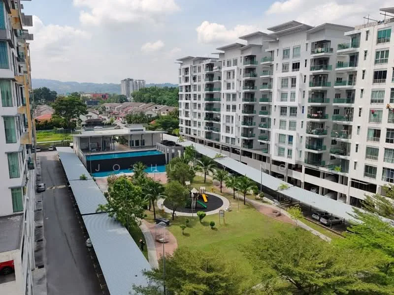 Exterior type: mid-rise condominium; features: white painted facade, glass curtain wall, covered parking, landscape garden, children's playground, manicured lawn, mature trees, swimming pool, outdoor seating area, surrounded by greenery; style: modern.