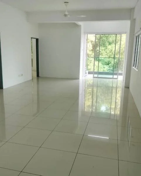 Room features: white painted walls, glossy ceramic tile flooring, floor-to-ceiling windows, sliding glass door, ceiling fan, natural light from windows, view of greenery; style: modern; view: garden.