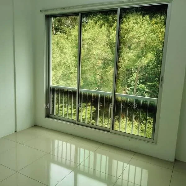 Room features: large sliding glass door, white painted walls, glossy ceramic tile flooring, balcony with railing, view of greenery outside; view: garden.