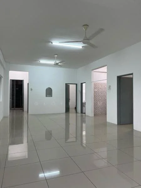 Room features: white painted walls, glossy tile flooring, 2 ceiling fans, multiple doorways, arched wall niche, neutral color scheme, bright lighting, open layout; style: modern.