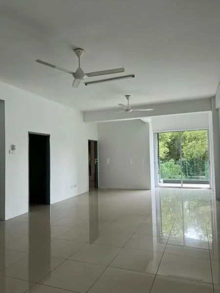 Living features: white painted walls, polished ceramic tile flooring, 2 ceiling fans, large sliding glass door, floor-to-ceiling windows, greenery view, recessed lighting, open layout; style: modern; view: garden.