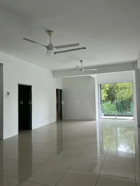 Living features: white painted walls, glossy ceramic tile flooring, 2 ceiling fans, large glass sliding door, floor-to-ceiling windows, natural light, greenery view, open layout; style: modern; view: garden.