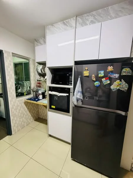 Kitchen features: white cabinetry with glossy finish, black refrigerator, built-in oven, microwave oven, countertop with marble pattern, sink with faucet, tile backsplash, ceramic tile flooring, window with view to outside, open shelving, decorative magnets on fridge; style: modern.