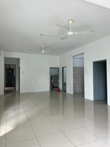 Room features: white painted walls, glossy ceramic tile flooring, 2 ceiling fans, 2 doors leading to other rooms, large open space, neutral color scheme, no visible furniture, bright natural light; style: minimalist.