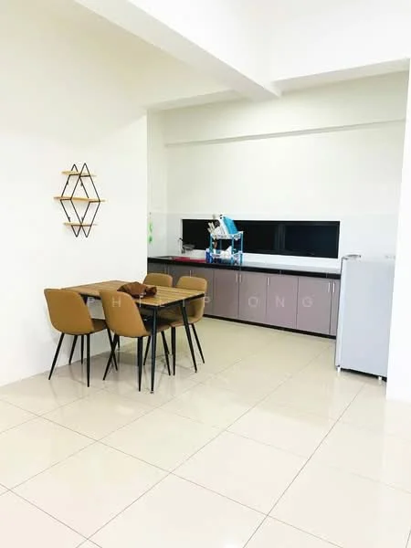 Dining features: square dining table with four chairs, white walls, glossy beige tile flooring, built-in cabinetry with grey finish, white countertop, refrigerator, decorative wall shelf with geometric design, two wall-mounted screens, greenery decor on countertop; style: modern.
