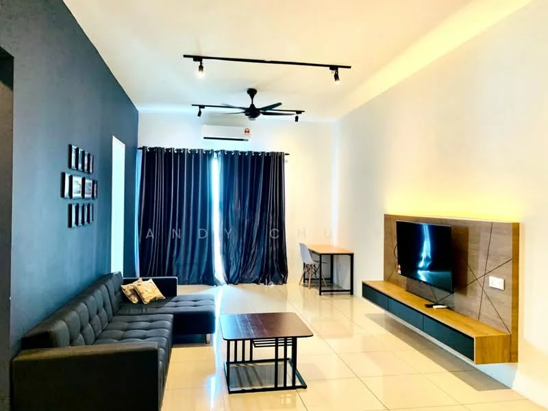 Living features: 3-seater fabric sofa in dark grey, coffee table with wooden top, wall-mounted TV, TV console with wooden finish, ceiling fan with light, floor-to-ceiling windows, blackout curtains, white painted walls, glossy tile flooring, decorative wall frames; style: modern.