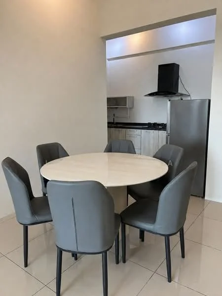 Dining features: round dining table with marble top, 6 upholstered dining chairs in grey, cream painted walls, glossy tile flooring, kitchen area visible in background, stainless-steel fridge, built-in kitchen cabinetry, black countertop, extraction hood above stove; style: modern.