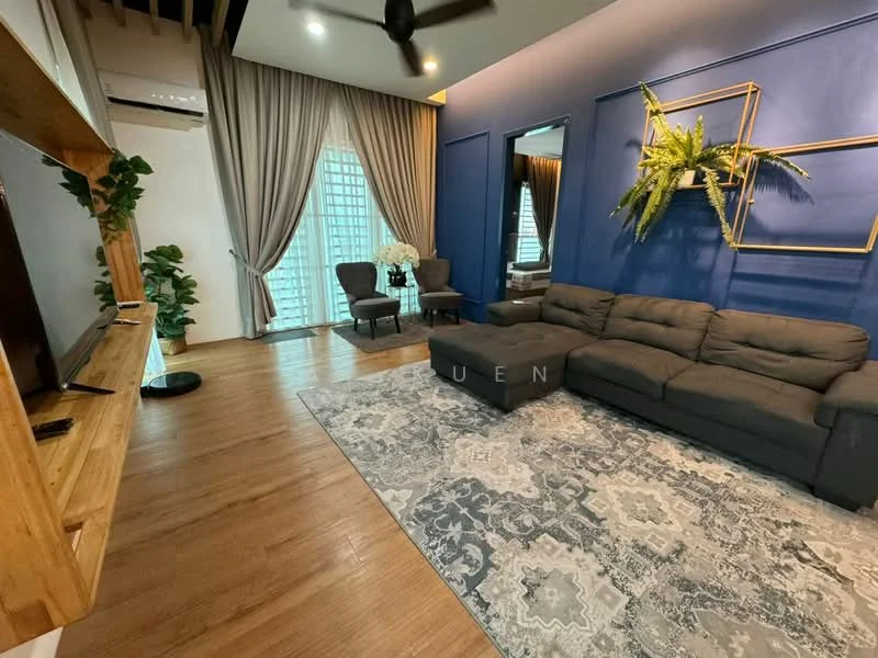 Living features: grey fabric sectional sofa, coffee table, area rug with intricate pattern, wall-mounted TV, wooden TV console, 2 armchairs, floor-to-ceiling windows, sheer curtains, wooden flooring, ceiling fan with light, decorative wall art, greenery in pot; style: modern; view: city.