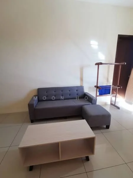 Living features: grey fabric 3-seater sofa, small ottoman, light wood coffee table, glossy tiled flooring, neutral painted walls, floor lamp, open space, natural light from window; style: modern.
