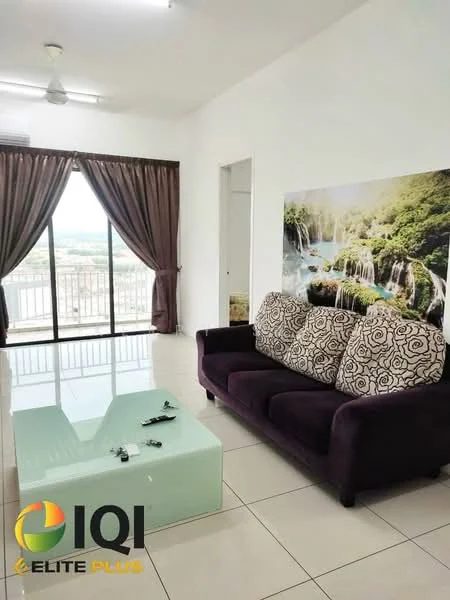 Living features: 3-seater fabric sofa in purple, glass coffee table, floor-to-ceiling windows, sheer curtains, dark brown curtains, white painted walls, glossy tile flooring, ceiling fan; style: modern; view: city.