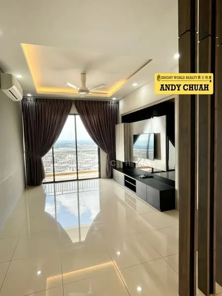 Living features: glossy tile flooring, white painted walls, tray ceiling with recessed lighting, 5-blade ceiling fan, floor-to-ceiling windows, black entertainment unit, wall-mounted TV, curtains, city view; style: modern; view: city.