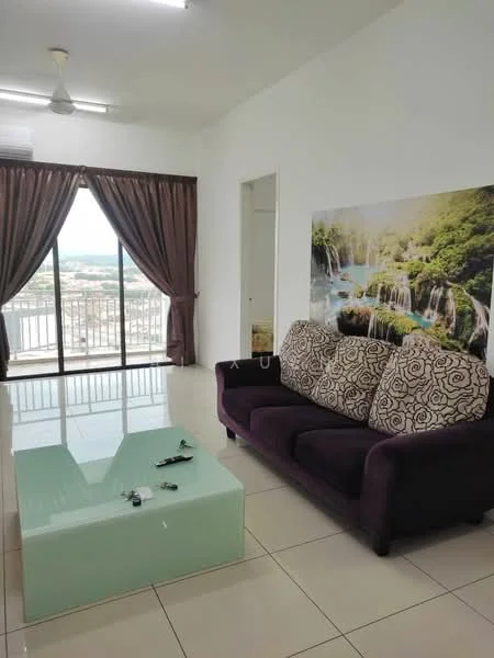 Living features: 3-seater fabric sofa in purple, glass coffee table, floor-to-ceiling windows, curtains in dark brown, white painted walls, tile flooring, decorative wall mural with waterfall, ceiling fan; style: modern; view: city.