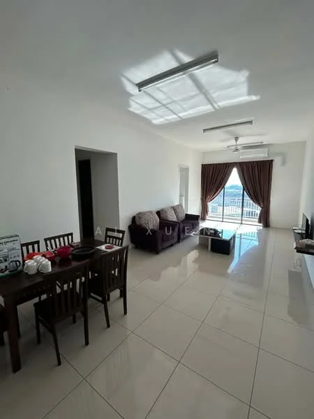 Living features: white painted walls, glossy tile flooring, 5-blade ceiling fan with light, sofa in dark purple fabric, coffee table, TV console, wall-mounted TV, floor-to-ceiling windows, curtains in dark brown, area rug, dining table with 4 chairs; style: modern; view: city.
