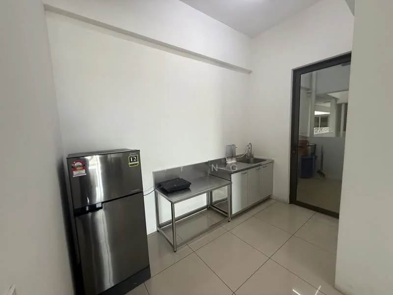 Kitchen features: stainless-steel fridge, stainless-steel countertop, single-bowl stainless-steel sink, chrome pull-down faucet, white painted walls, glossy tile flooring, floor-to-ceiling windows, open layout; style: modern.