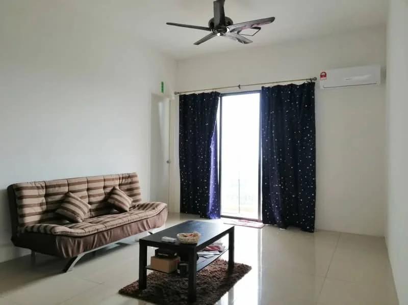 Living features: 5-blade ceiling fan, floor-to-ceiling sliding glass door, dark blue curtains with star pattern, brown fabric sofa bed with cushions, coffee table, area rug, white painted walls, glossy tile flooring, wall-mounted split AC; style: modern.