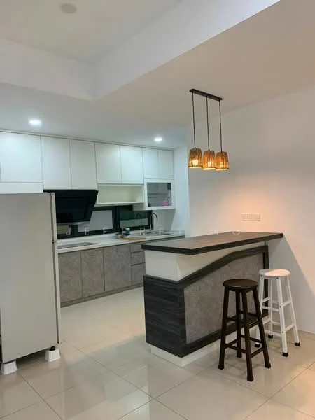 Kitchen features: white cabinetry with flat-panel doors, grey lower cabinets, black countertop, stainless-steel fridge, built-in oven, ceramic cooktop, single-bowl stainless-steel sink, chrome pull-down faucet, pendant lighting with three glass shades, tile flooring, open layout, bar counter with seating, two bar stools; style: modern.