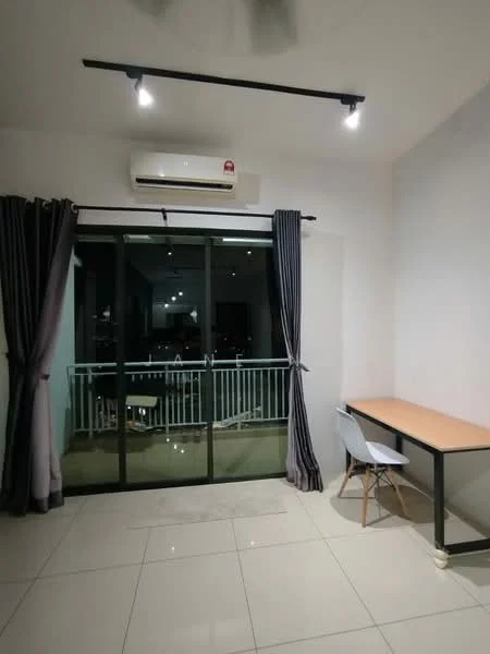 Room features: floor-to-ceiling sliding glass door, grey curtains, white walls, recessed downlights, 1 wall-mounted split AC, white desk, white chair, glossy tile flooring; style: modern; view: city.
