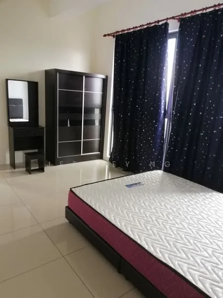 Bedroom features: queen-size bed, black wooden bed frame, mattress with white cover, black wardrobe with sliding doors, black dressing table with mirror, black stool, floor-to-ceiling windows, dark blue curtains with star pattern, glossy tile flooring, neutral wall color; style: modern.