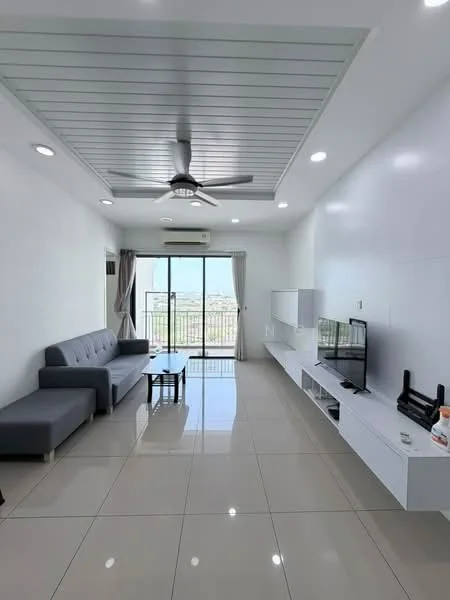 Living features: grey fabric sofa, coffee table, wall-mounted TV, white TV console, recessed downlights, 5-blade ceiling fan with light, floor-to-ceiling windows, sliding glass door, curtains, glossy tile flooring, white painted walls, air conditioning unit; style: modern; view: city.