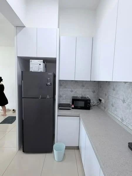 Kitchen features: grey granite countertop, white flat-panel cabinets, stainless-steel fridge, built-in microwave, ceramic tile flooring, grey tile backsplash, single-bowl stainless-steel sink, chrome pull-down faucet; style: modern.